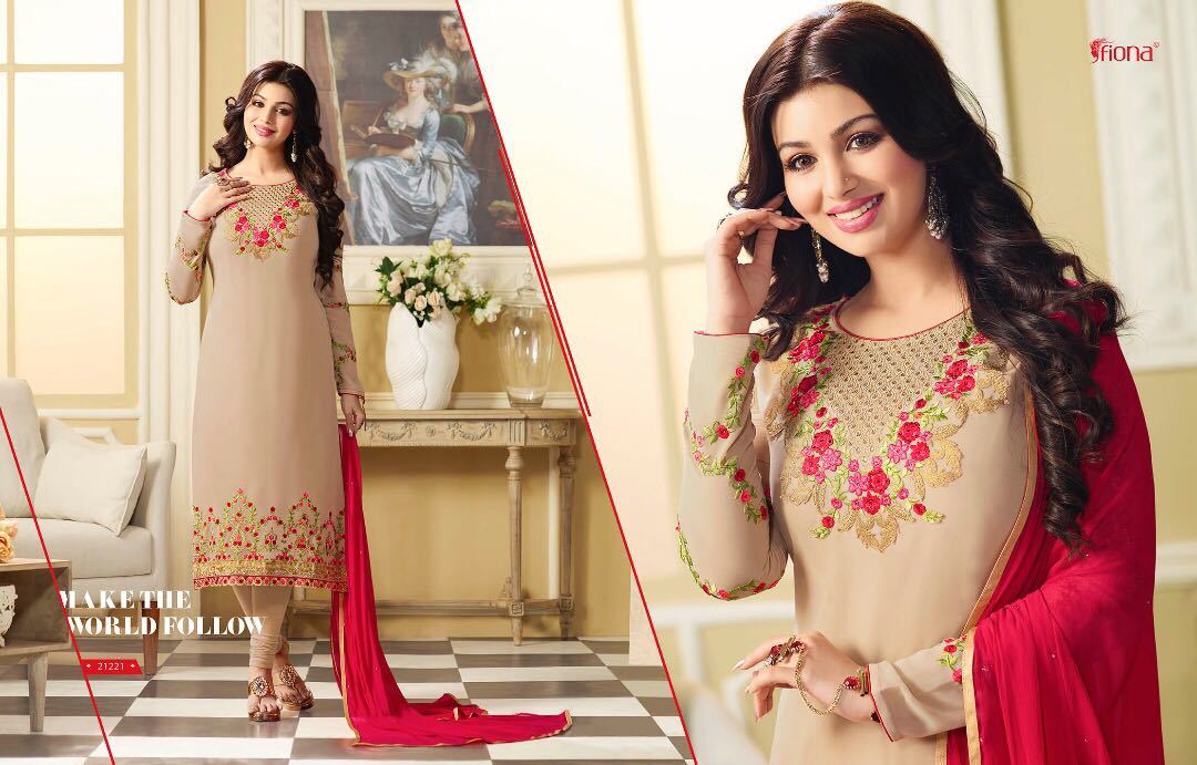 Designer Salwar Suit - Faux Georgette Top, Santoon Bottom, Peach, Najneen Dupatta | Embroidered Floral, Comfortable Fit, Elegant Design