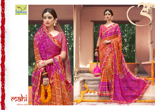 Women Saree - Brasso Fabric, 5.5 Mtr Length with 0.80 Mtr Brocade Blouse, Red and Pink Bandhej Style with Border | Bollywood Style, Washable, All Season Wear