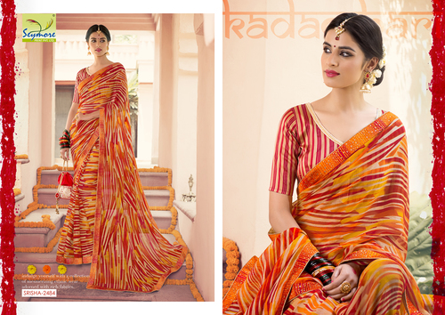 Lehariya Saree - Traditional Brasso Fabric 5.5 Mtr + 0.80 Blouse in Bandhej Style , Vibrant Orange Color, Brocade Blouse, Washable