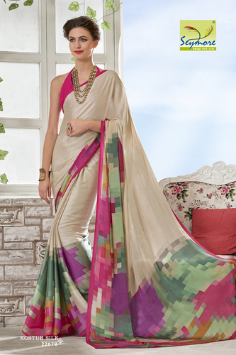 Party Wear Saree - Crepe Fabric, 5.5 Mtrs + 0.8 Mtrs Blouse, Cream Color | Printed Bollywood Style, Ideal For Festive And Traditional Occasions