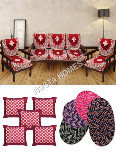 100% पॉलिएस्टर सेंटर फ्लोरल पॉली कॉटन 6 सोफा कवर:: 5 कुशन कवर:: 4 डोर मैट मल्टी कलर