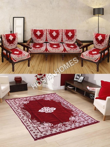 100% पॉलिएस्टर रेड कलर सेंटर फ्लोरल सोफा कवर 6 पीस:: वेलवेट क्विल्टेड कार्पेट