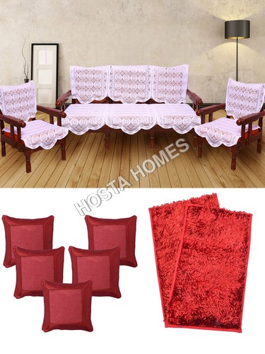 100% पॉलिएस्टर सफ़ेद रंग के 6 पीस सोफ़ा कवर:: 5 कुशन कवर:: 2 रिवर्सिबल डोर मैट