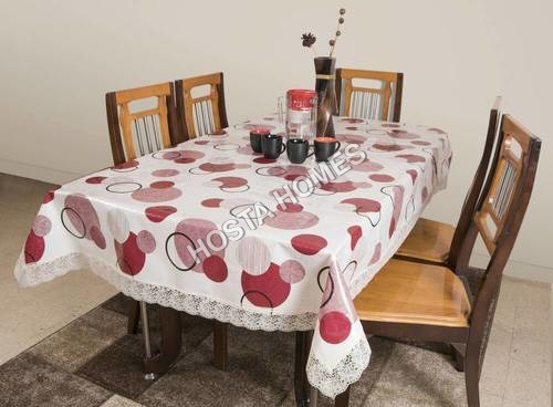 White Red Designer Dining Table Cover Cream Cloth Net For 8 Seater 90*90 Inches (Self Design)