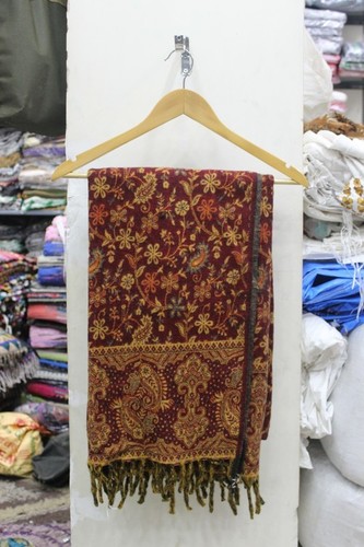 Rasin Shawl - Wool, 70 x 180 cm, Maroon and Cream | Unisex, Printed Pattern, Machine Made, Fringe Closure, Perfect for Evening and Prayer