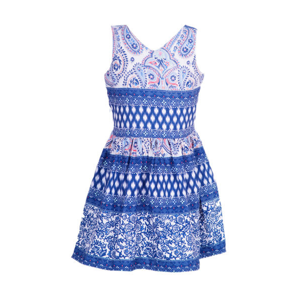 Naughty Ninos Girls White & Blue Printed Fit & Flare Dress