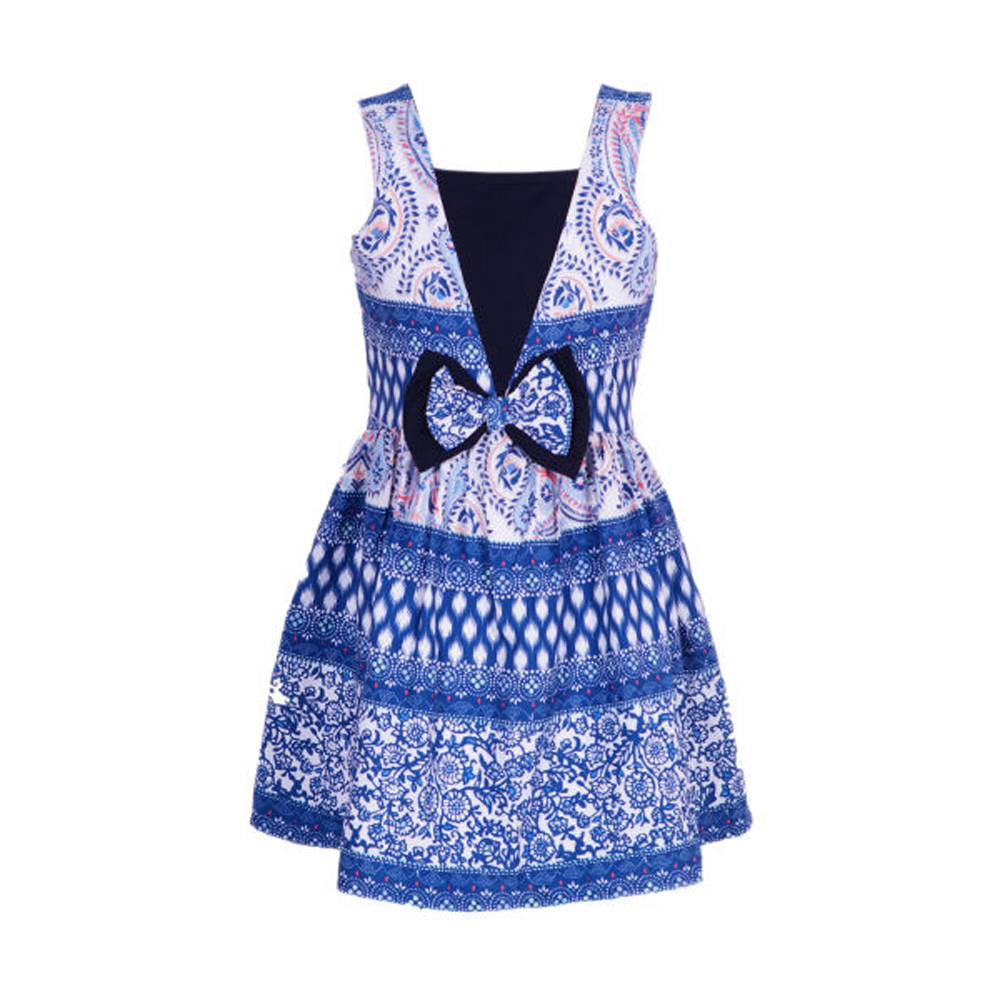Naughty Ninos Girls White & Blue Printed Fit & Flare Dress