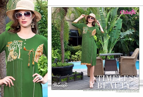 Ladies Flavour - Heavy Rayon Work and Petten Concept Kurtis | Green, Embroidered, 3-4th Sleeve, Customizable Sizes, Washable, Ideal for All Seasons