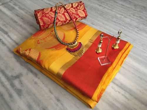 Chanderi Cotton Silk Saree - Woven Pattern, Unstitched Brocade Blouse, Fancy Latkan | Available in 5 Elegant Colors For All Seasons