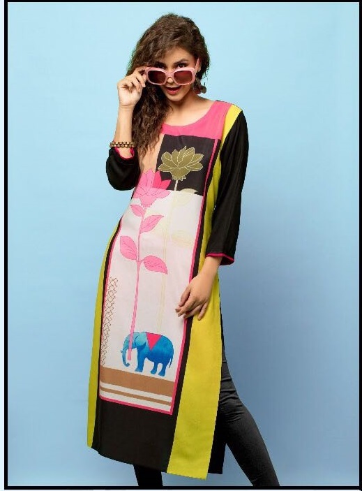 Digital Printed Rayon Kurti - Straight Fit Sizes M To 3xl | Blue Georgette Material, Customized Size, Casual Western Style