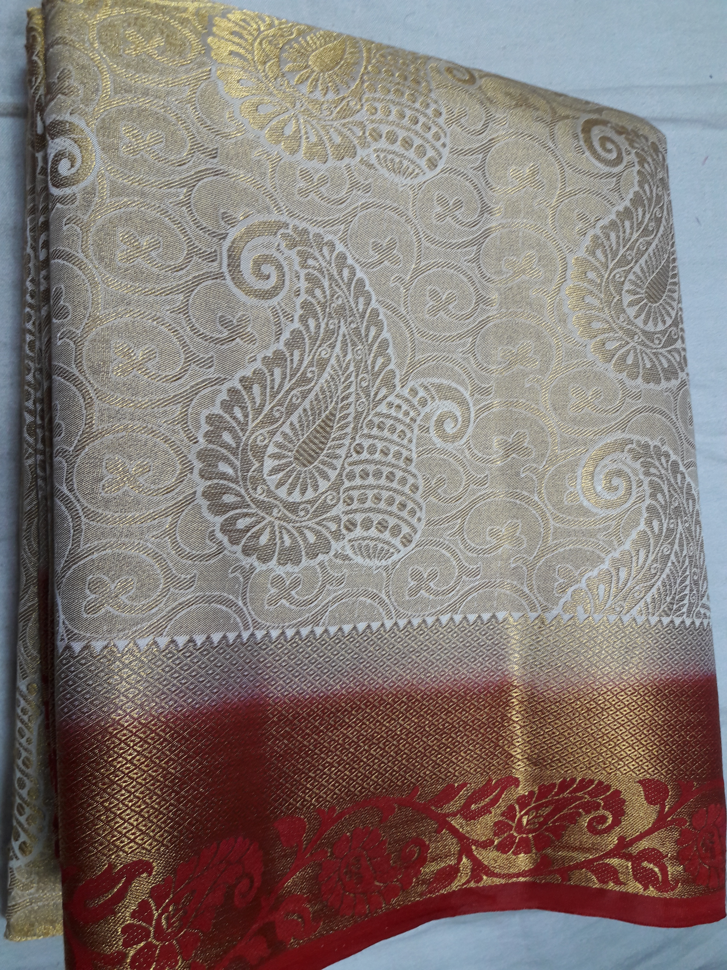 Kanchiuram Art Silk Brocket Contrast Saree - 6.20mts Length, Half White & Maroon Color | Zari Work, Woven Pattern, Kanchipuram Style