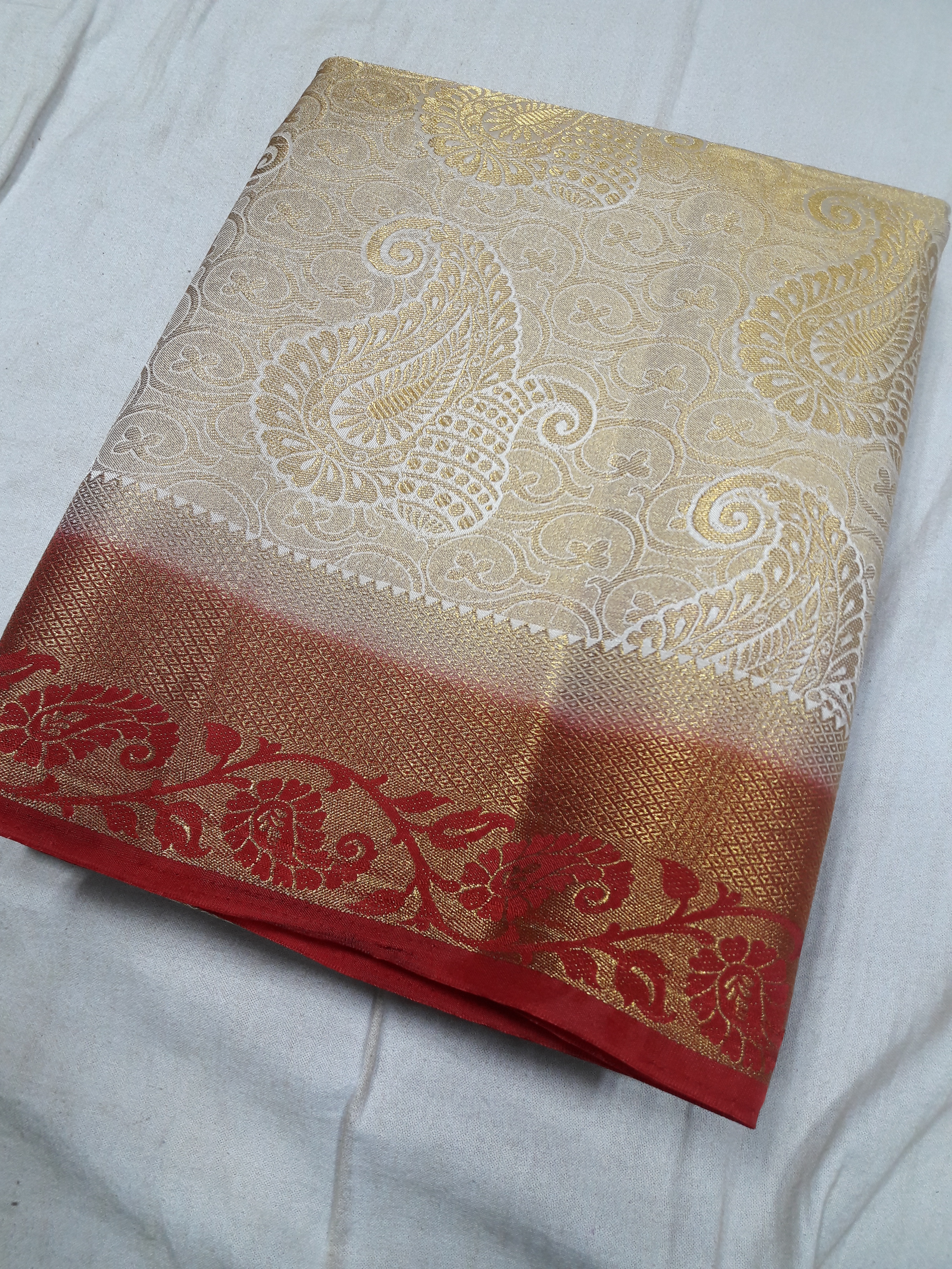 Kanchiuram Art Silk Brocket Contrast Saree - 6.20mts Length, Half White & Maroon Color | Zari Work, Woven Pattern, Kanchipuram Style