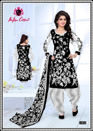 काले और सफेद कपास प्रिंटेड ड्रेस मटेरियल्स नफीसा कॉटन