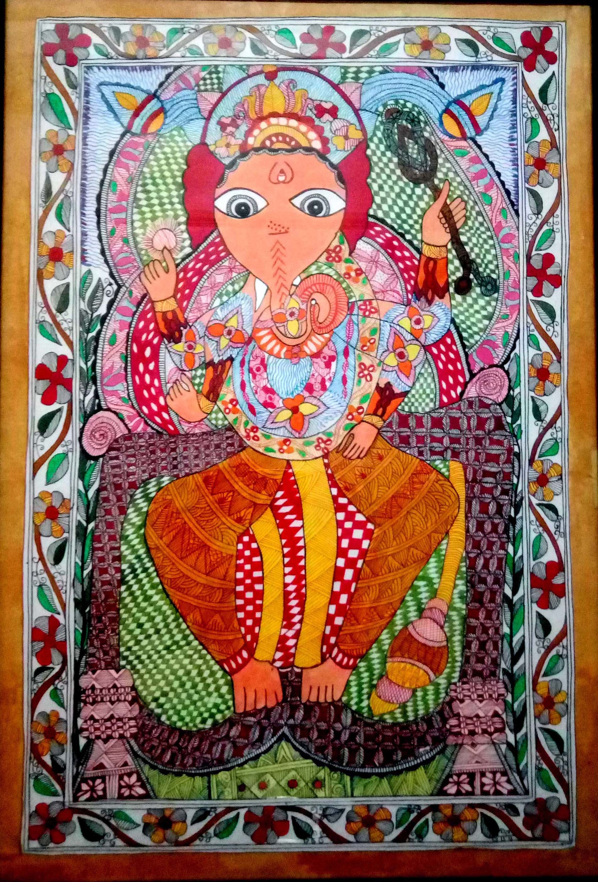 Mithila Shree Ganesh Painting - Handmade Oil On Paper, Abstract Style With Frame Options