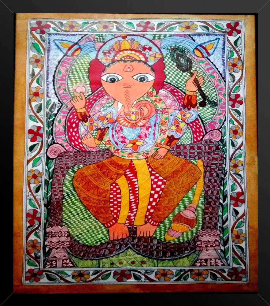 Mithila Shree Ganesh Painting - Handmade Oil On Paper, Abstract Style With Frame Options