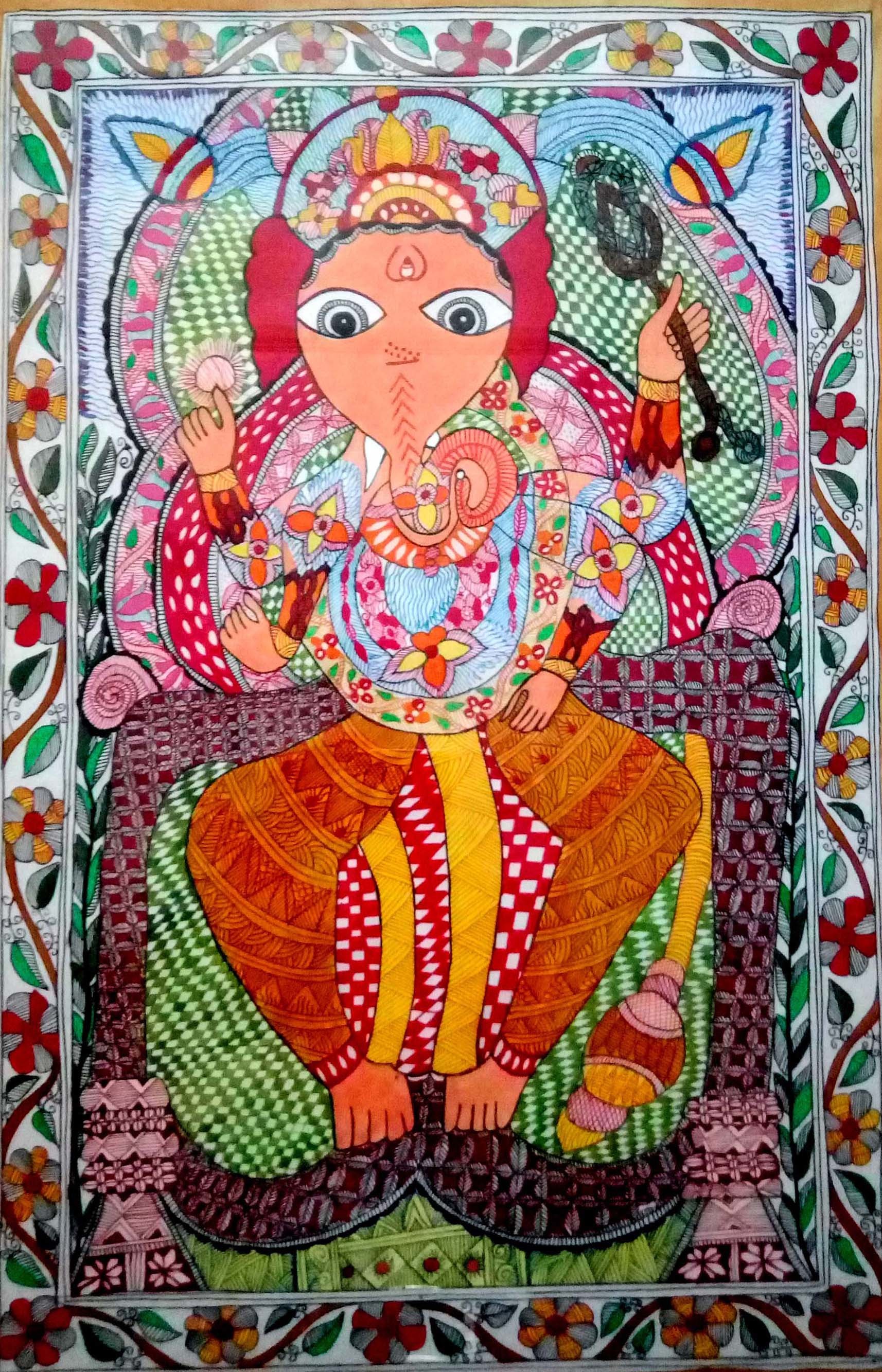 Mithila Shree Ganesh Painting - Handmade Oil On Paper, Abstract Style With Frame Options