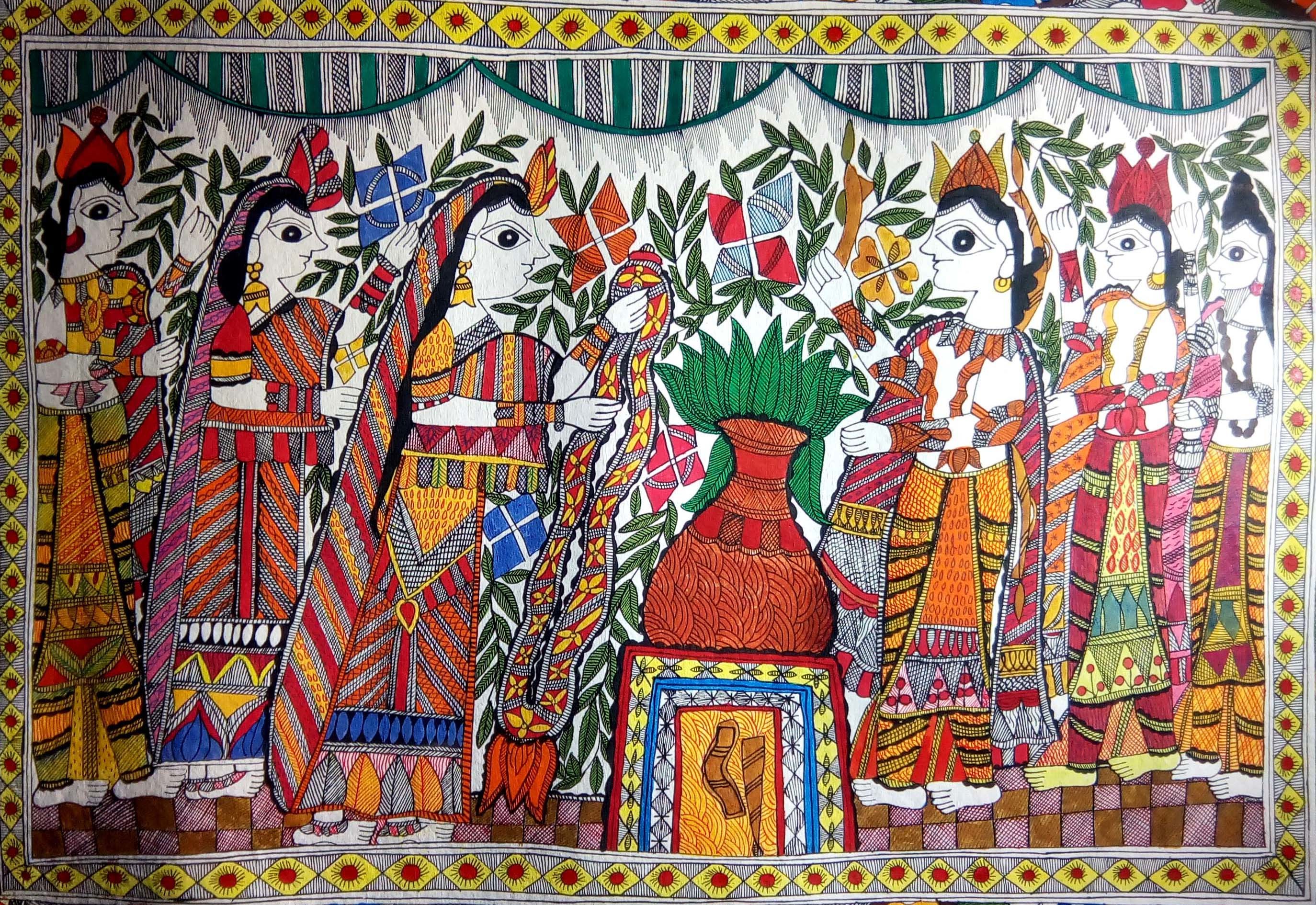 Mithila Krishna Radha Wedding Painting Medium: Acrylic