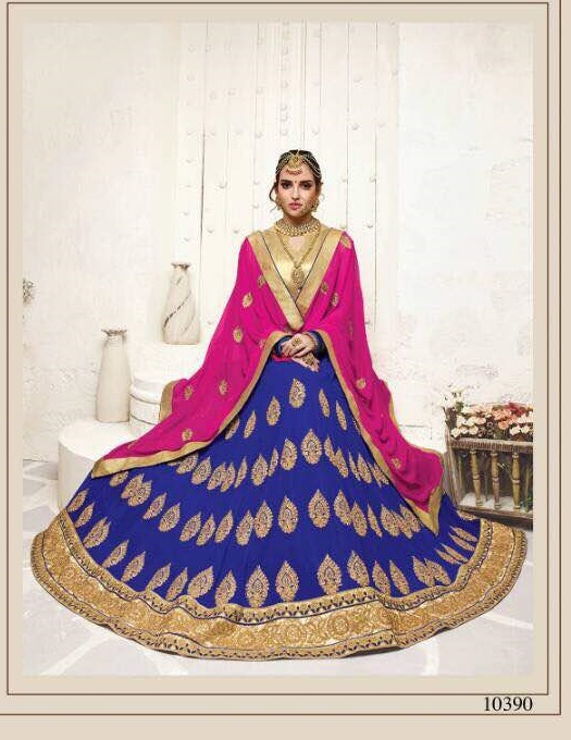 Lehenga - Georgette With Heavy Embroidery And Stone Work, Customized Up To 42", Blue And Pink Color, Bollywood Style, Art Silk Blouse, Soft Chiffon Dupatta