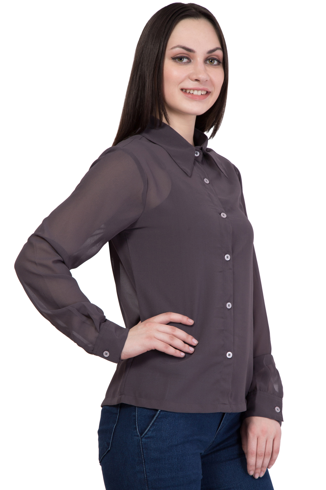 Ladies Formal Shirts - Poly Georgette, Bust Size 889 Mm, Hip Size 939.8 Mm, Length 635 Mm, Full Sleeves, Waist Size 33, Xs To Xl Size Range