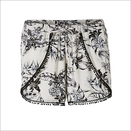 Ladies Designer Shorts - Jacquard Fabric, Ivory White | Beaded, Embroidered, Printed, Washed Patterns