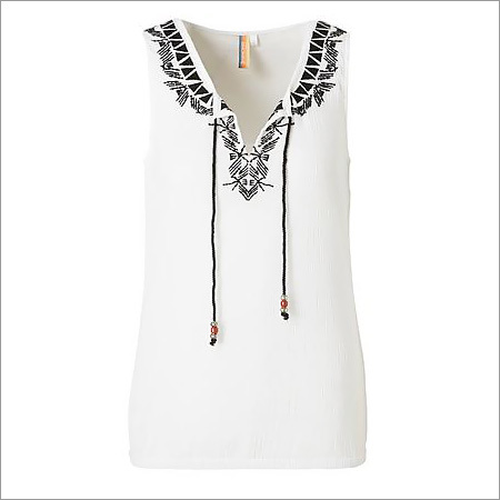 Ladies Fancy Top - Cotton Printed, Ivory White | Anti-wrinkle, Waterproof, Washable, Sleeveless