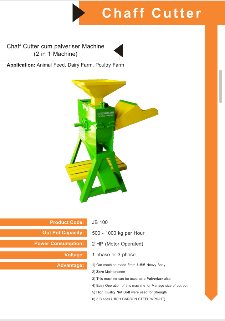 Chaff Cutter Cum Pulverizer - High Carbon Steel Blades, 500-600 Kg/h Output Capacity , 2 Hp Power Requirement , 120 Kg Weight