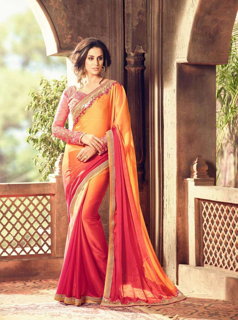 Designer Embroidered Georgette Saree - 6.3 Mtr, Multi-color With Lace Border | Hand Embroidery, Bollywood Style For All Seasons