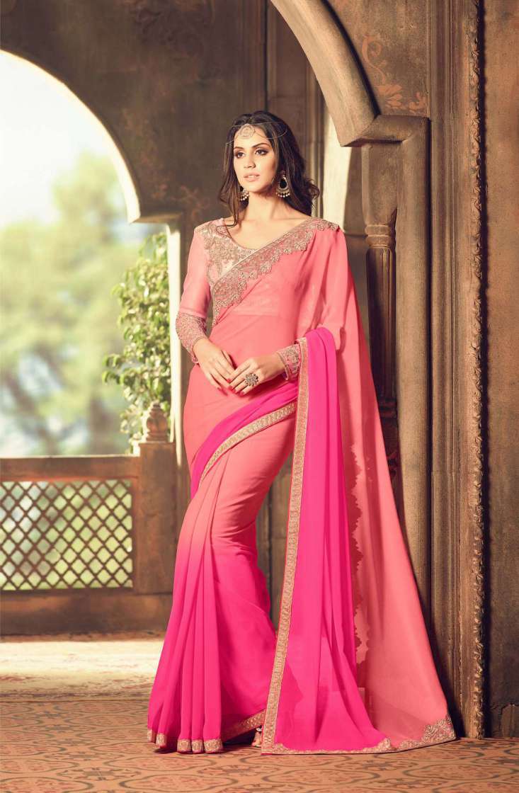 Designer Embroidered Georgette Saree - 6.3 Mtr, Multi-color With Lace Border | Hand Embroidery, Bollywood Style For All Seasons