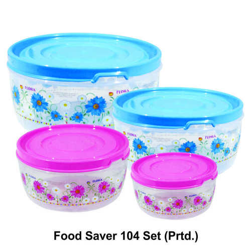 Food Saver Container Set - Rigid Plastic, Round Sizes FS 600, FS 1200, FS 2000, FS 3000 | Colorful Blue & Pink Foil printed for Microwave Use