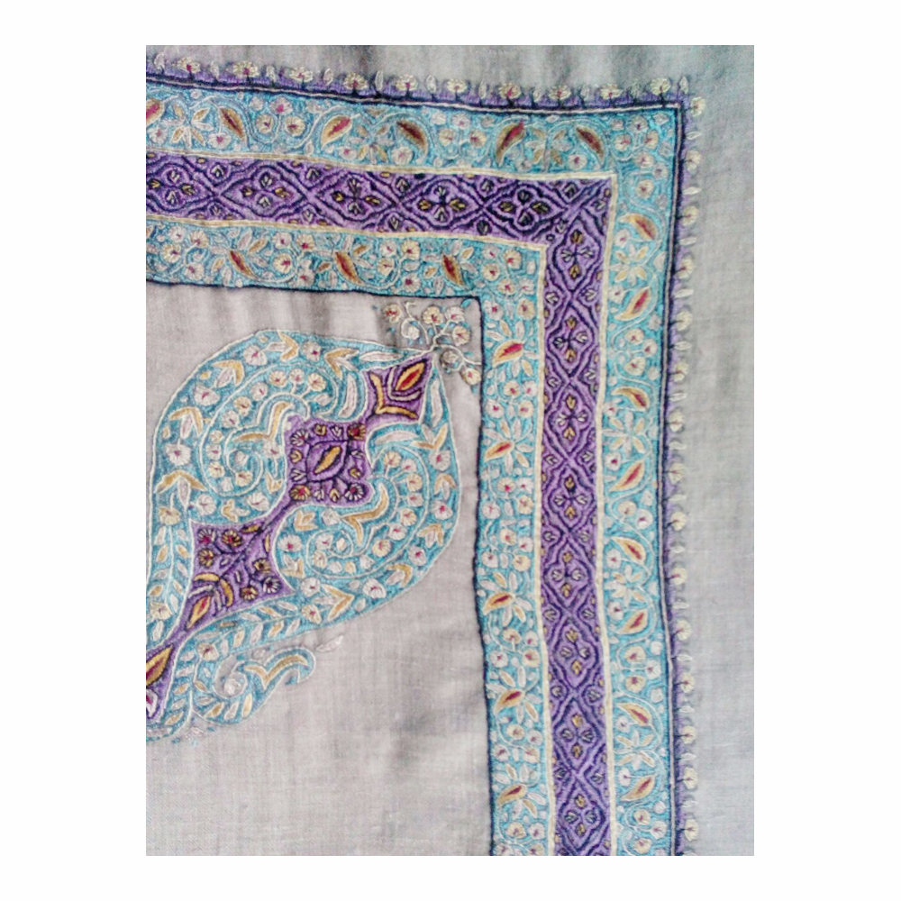 White And Green And Putplz Hand Embroidered Pashmina Shawl