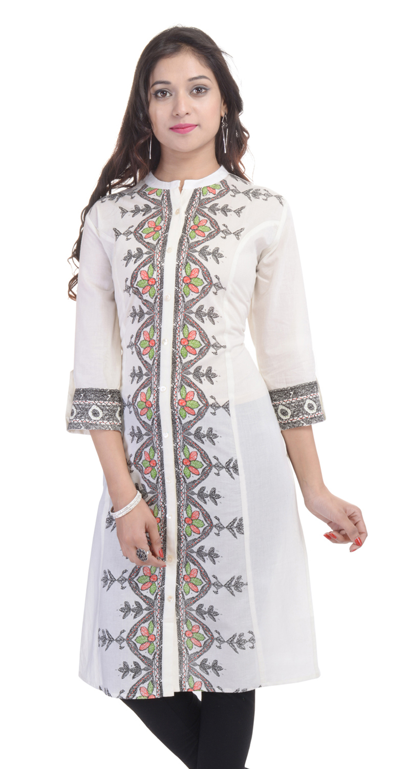 Colored Cotton Kurtis - 100% Cotton, Length 42 Inches, White With Printed Pattern | 3/4th Sleeves, Casual & Formal Wear, Ethnic Style, Washable, Available In Sizes S, M, L, Xl, Xxl