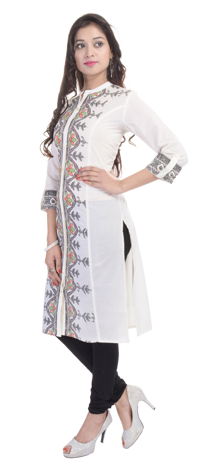 Colored Cotton Kurtis - 100% Cotton, Length 42 Inches, White With Printed Pattern | 3/4th Sleeves, Casual & Formal Wear, Ethnic Style, Washable, Available In Sizes S, M, L, Xl, Xxl