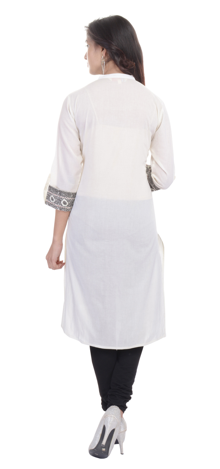 Colored Cotton Kurtis - 100% Cotton, Length 42 Inches, White With Printed Pattern | 3/4th Sleeves, Casual & Formal Wear, Ethnic Style, Washable, Available In Sizes S, M, L, Xl, Xxl