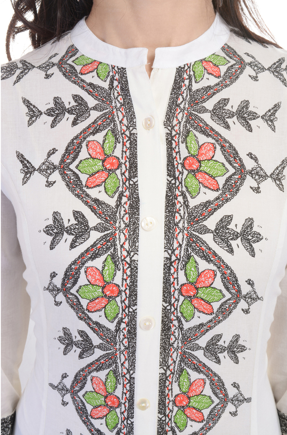 Colored Cotton Kurtis - 100% Cotton, Length 42 Inches, White With Printed Pattern | 3/4th Sleeves, Casual & Formal Wear, Ethnic Style, Washable, Available In Sizes S, M, L, Xl, Xxl