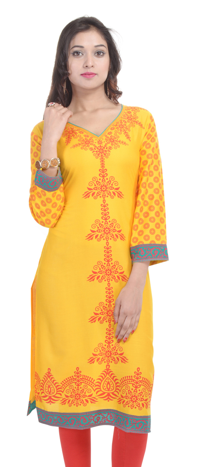 Yellow Multi Colored Cotton Kurtis