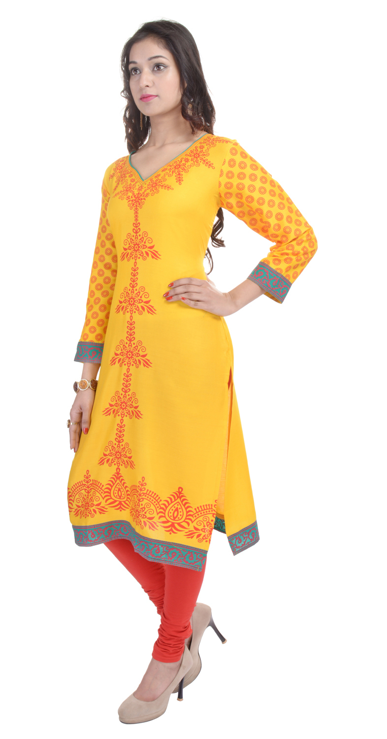 Yellow Multi Colored Cotton Kurtis