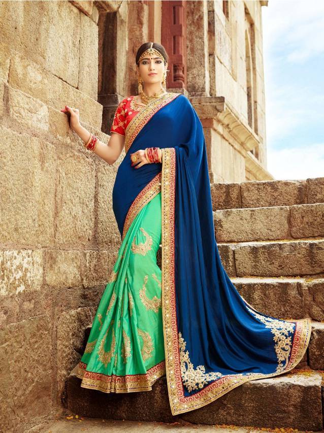 Exclusive Designer Saree - Raw Silk, 6.3 Mtr Multi Color With Hand Embroidery & Lace Border, Trendy Bollywood Style