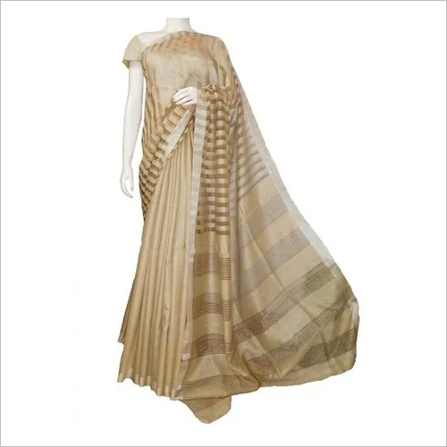 Cream Tussar Noil Silk Saree