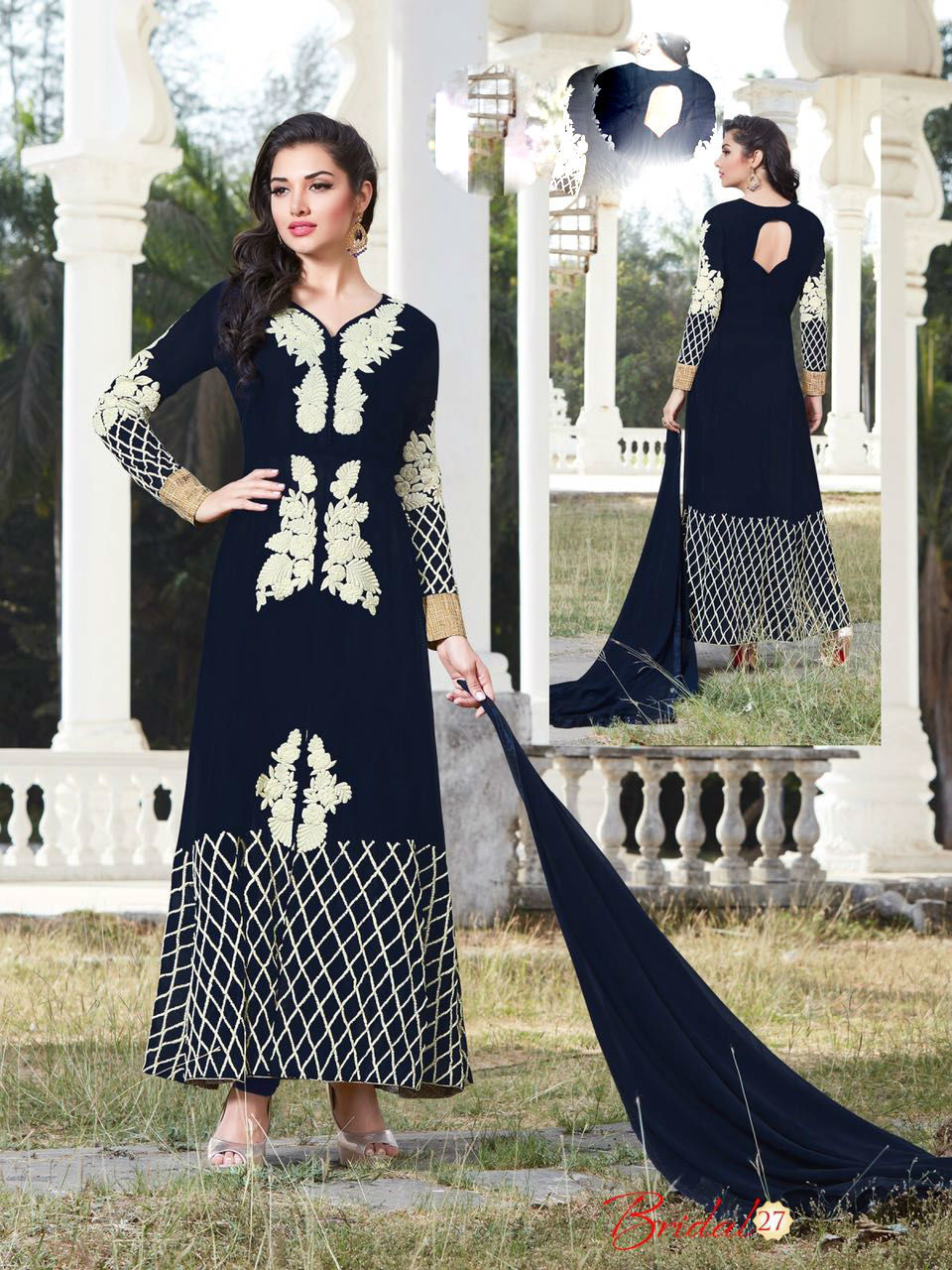 Dazzling Designer Suitsaree Exotica - Georgette Semi-stitched, Multi-colored Hand Embroidered Attire | Bollywood Style, Elegant Handwork For All Seasons