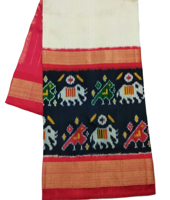 Embroidered Off White Handloom Ikat Pure Silk Saree