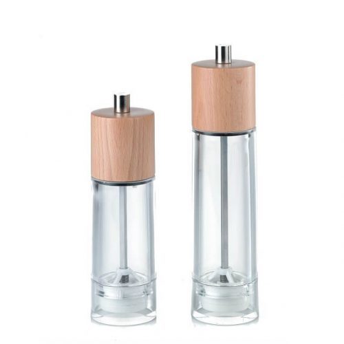 HKB-36 Pepper Mill - Acrylic & Rubber Wood, 6H & 8H Sizes, Natural Finish, Stainless Steel Shaft & Carbon Steel Grinder, Noise-Free Operation