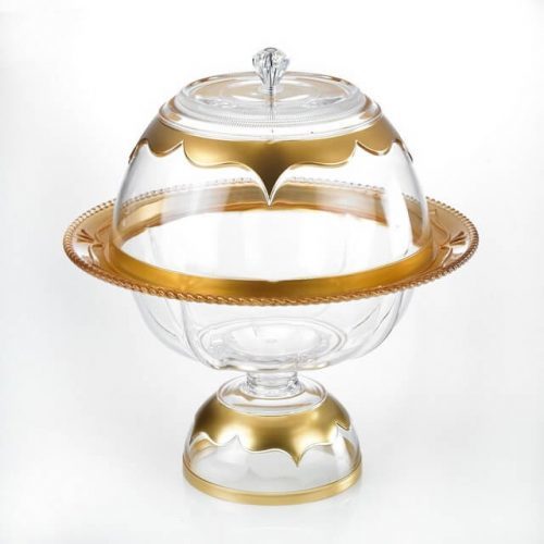 Acrylic Serving Bowl - Light Weight, Glossy Finish, Gold Accents | Scratch Resistant, Crystal Shaped Top Cover, Ideal Gift for Birthdays and Housewarmings
