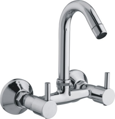 Sink Mixer - Brass & Stainless Steel, 3-5 Inch Size, Sleek Silver Finish | Dual Lever Handle, Deck Mounted, Round Shape