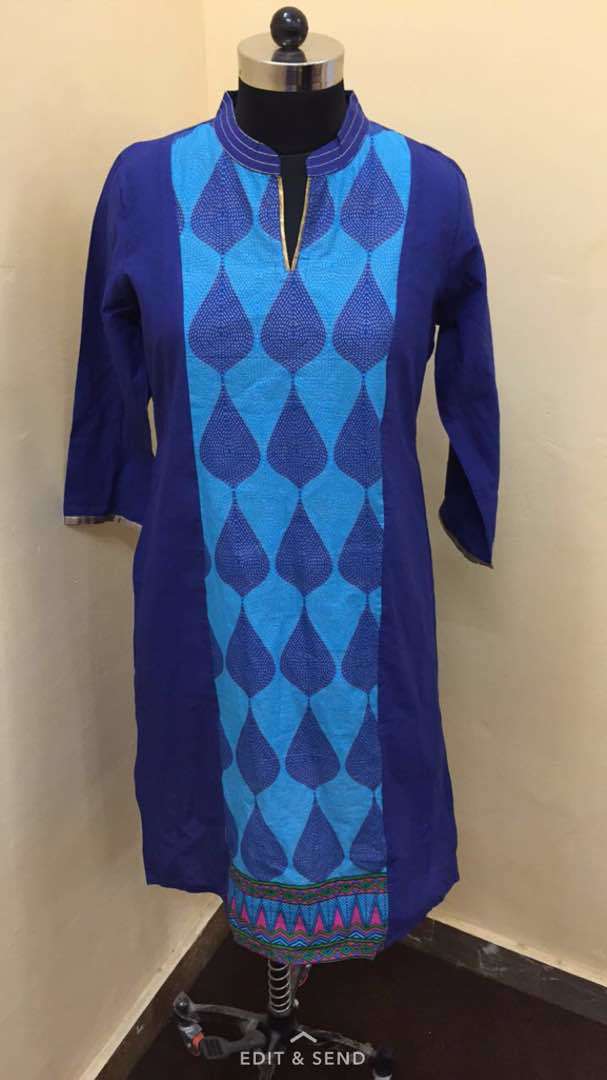 Cotton Kurti - Knee-length, Green, Mandarin Collar | Soft Fabric, Leaf Print, Three-quarter Sleeves, Comfortable Fit