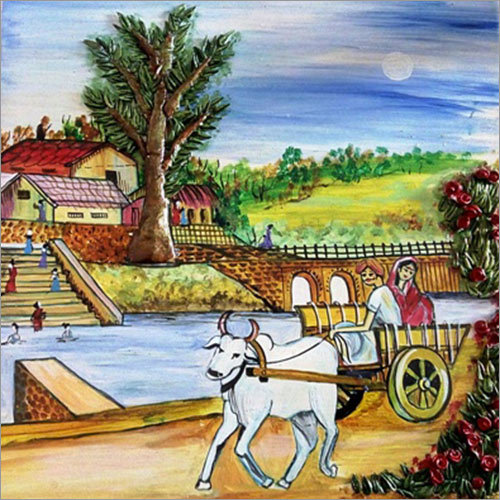 Scenery Village Painting - Oil on Canvas, Framed with Various Frame Colors | Charming Village Scene with Tree, River, Huts & Bullock Cart