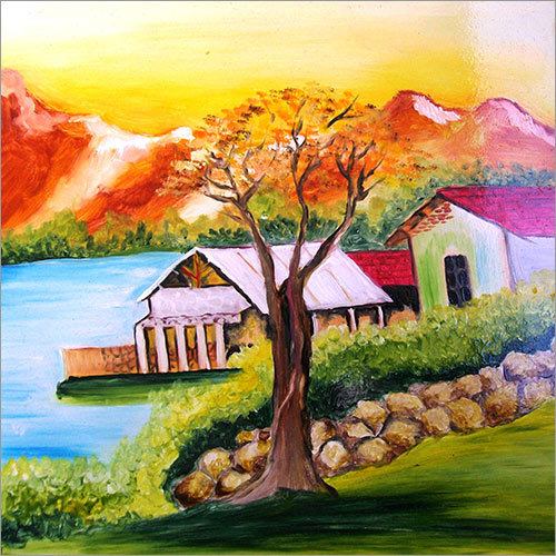 Colored Oil Painting - Oil Pastel on Canvas , Beautiful Mountain Scene with Wooden Frame, Perfect Detailing with Magnificent Shading