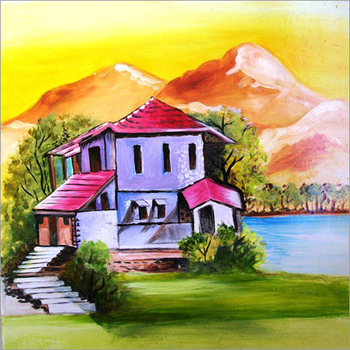 Scenic Wall Painting - Vibrant Acrylic Art , Perfect for Plain and Textured Walls, Featuring Lively Two-Floor House Scene by the River