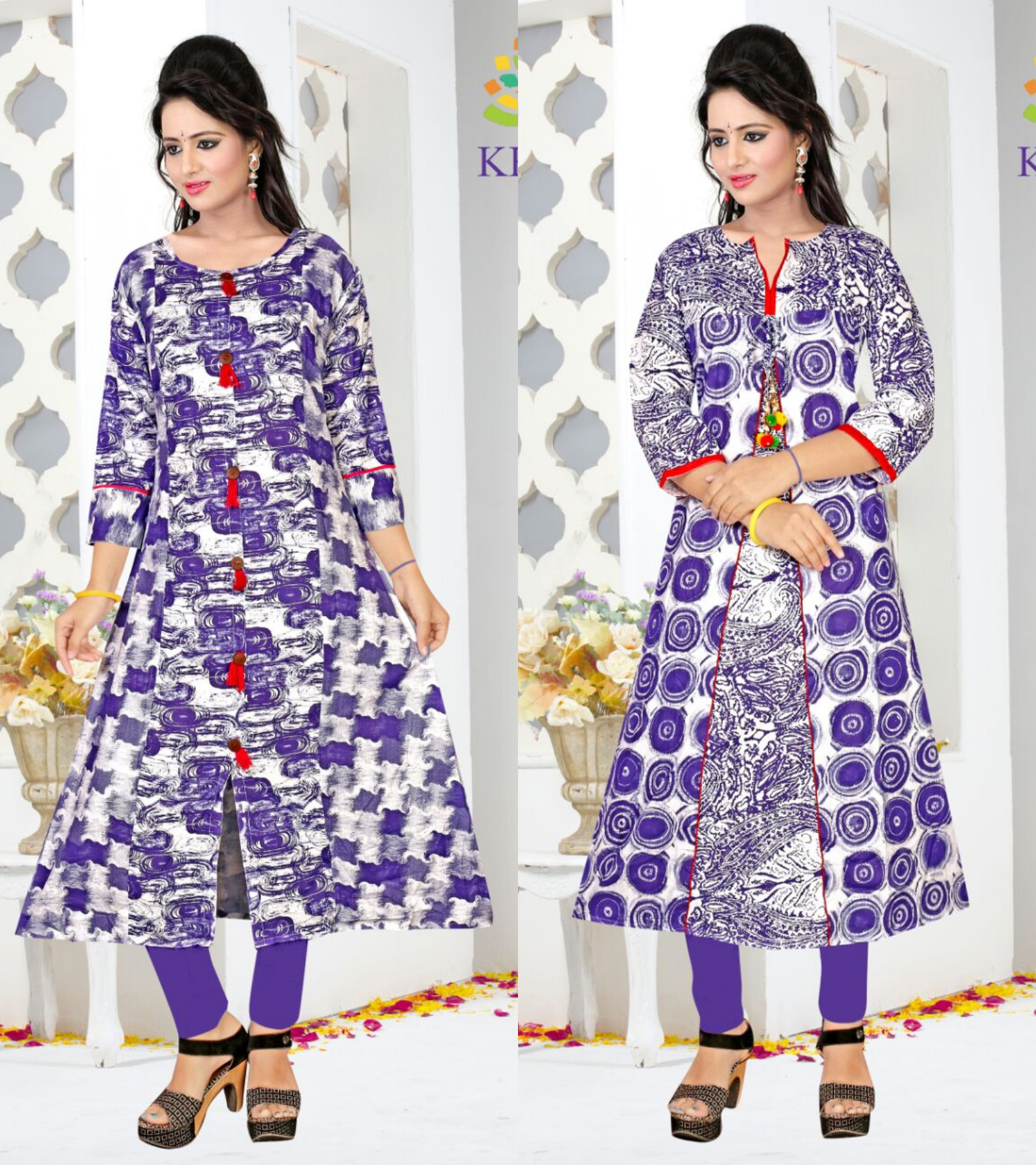 Long Kurti Set - Cotton Material, Size 42/44, Blue & White Printed Design | 3/4 Sleeve Style, Modern Casual Wear, Ideal For Summer & Winter
