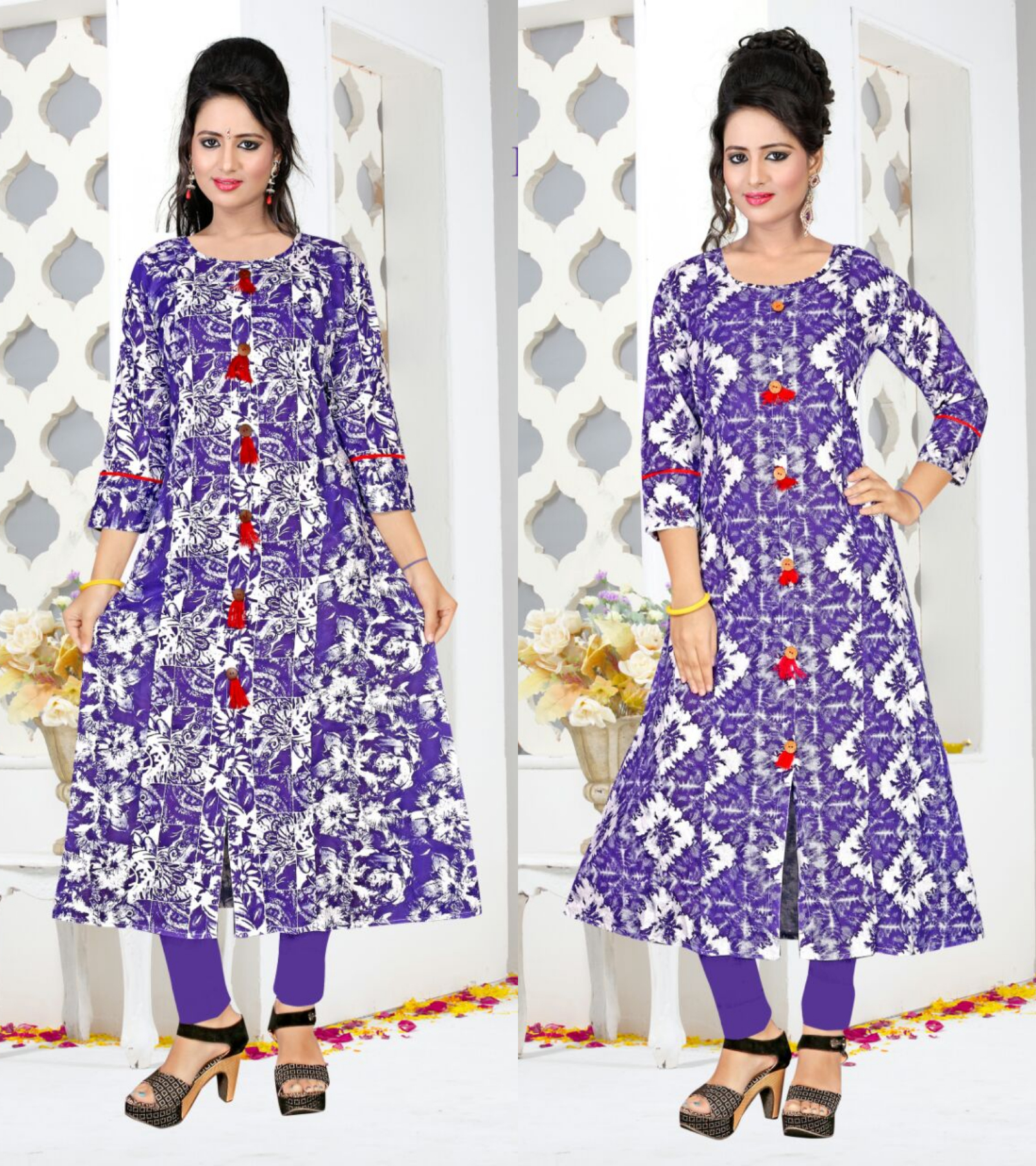 Long Kurti Set - Cotton Material, Size 42/44, Blue & White Printed Design | 3/4 Sleeve Style, Modern Casual Wear, Ideal For Summer & Winter