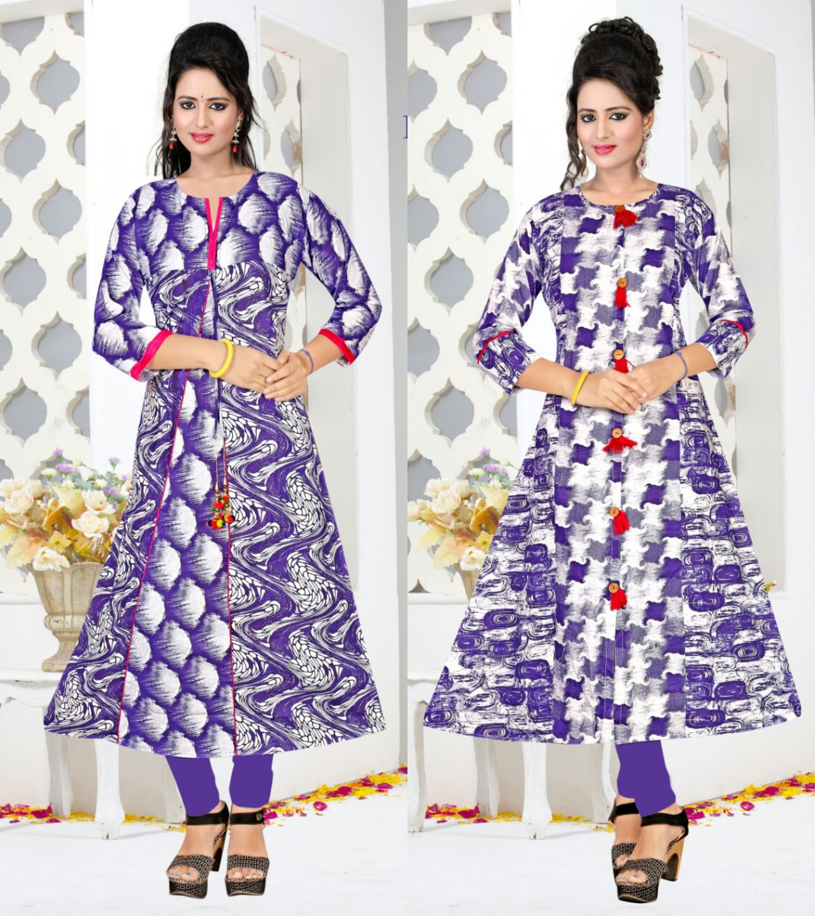 Long Kurti Set - Cotton Material, Size 42/44, Blue & White Printed Design | 3/4 Sleeve Style, Modern Casual Wear, Ideal For Summer & Winter